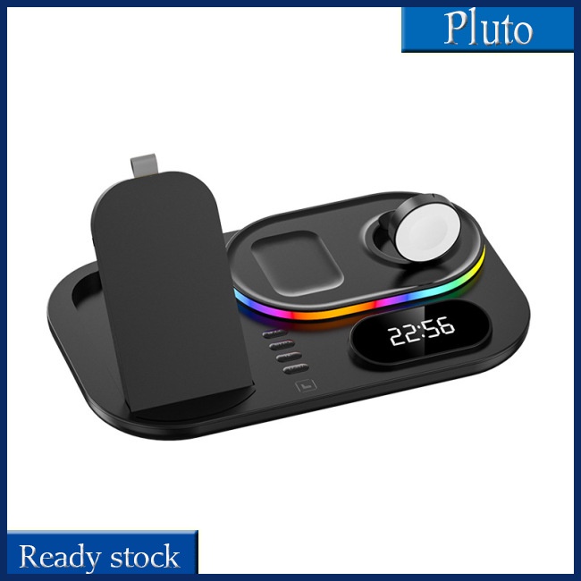 Đế Sạc Nhanh Không Dây 4 Trong 1 Kiêm Đồng Hồ Báo Thức Cho Airpods Pro Iwatch Rgb Có Đèn Led Cho Iphone