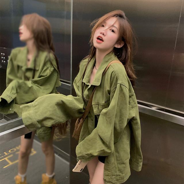 Áo khoác sơ mi cardigan denim tay dài dáng rộng màu xanh lá thời trang mùa thu cổ điển 2022 kiểu Mỹ cho nữ