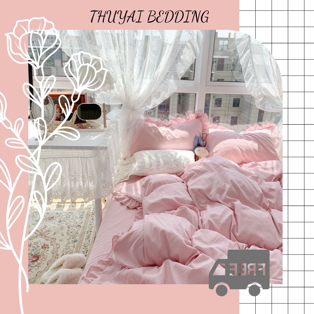 Bộ chăn ga gối Cotton tici viền bèo đáng yêu drap giường Hàn quốc ga trải bo chun đủ size - Màu Hồng phấn viền bèo