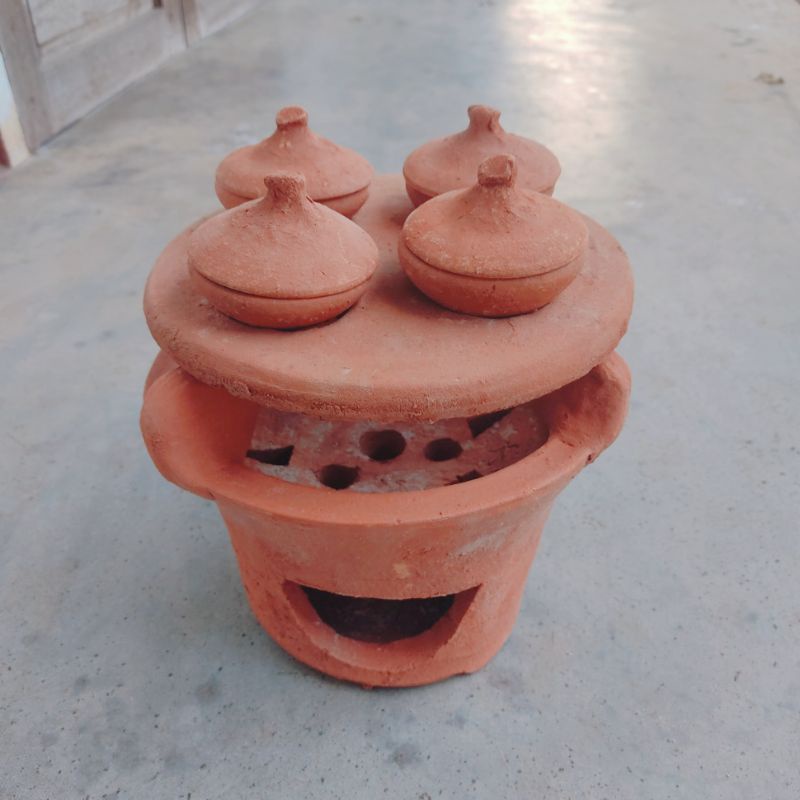 Set lò + khuôn bánh căn đất nung 4 chén đất kèm nắp và đế để chén - Hàng thủ công xứ Nẫu - Ảnh thật shop chụp