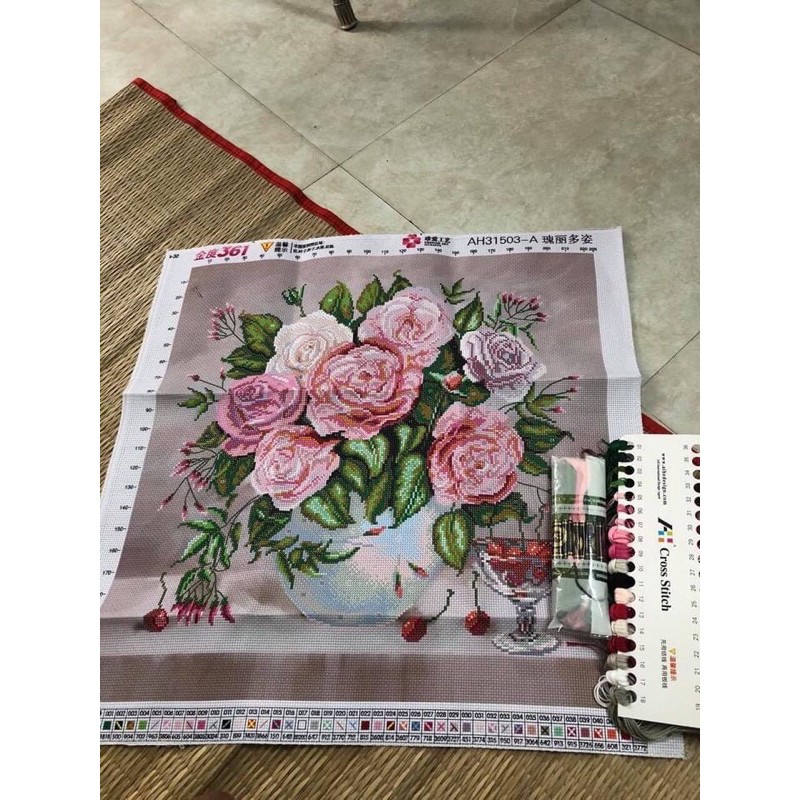 Tranh thêu chữ thập bình hoa hồng 3D 31503  Chưa thêu
