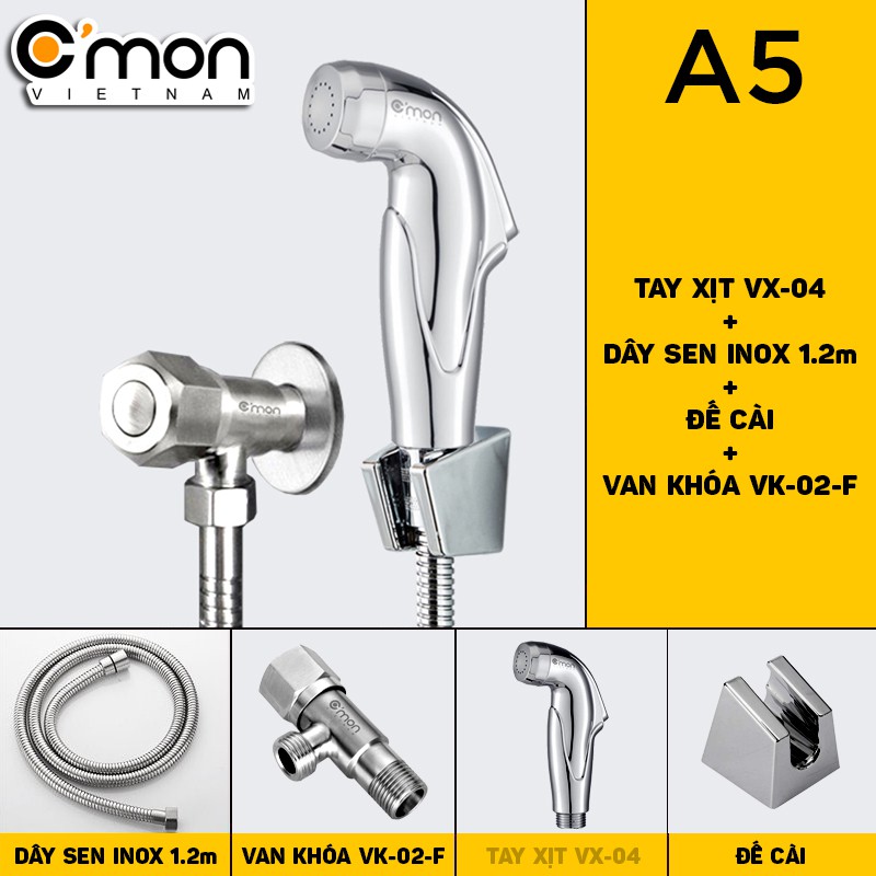 Bộ vòi xịt vệ sinh cao cấp C'mon VX-04 + Van khóa F C'mon VK-02-F