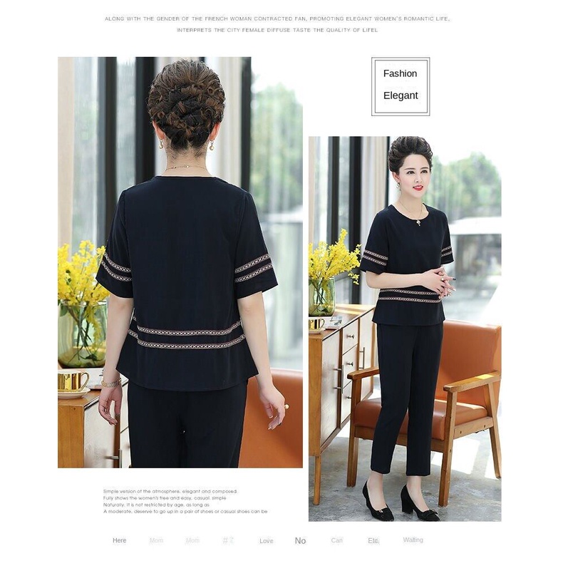 Set Áo Thun Ngắn Tay + Quần Lửng Thời Trang Cho Phụ Nữ Trung Niên