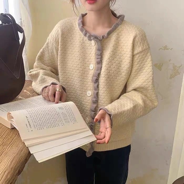 Áo khoác Cardigan dệt kim cổ tròn tay dài dáng rộng phong cách Hàn Quốc mới