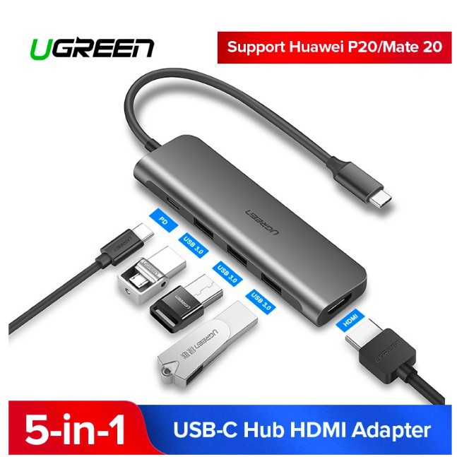 Hub USB C 5 in1 Cao Cấp Ugreen 70495-Type to HDMI 4K@60Hz+USB 3.0 PD100W CHính Hãng CM136