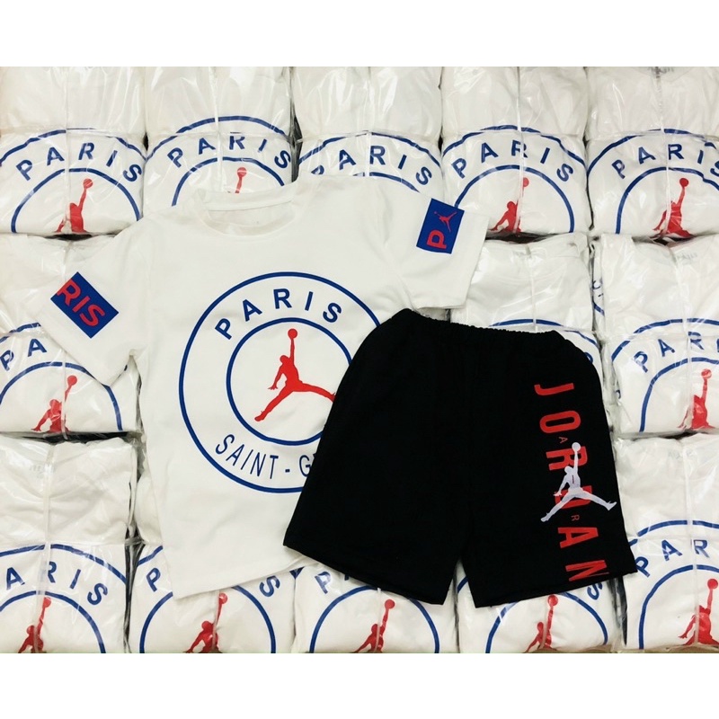 Set áo cotton kết hợp quần da cá  màu trắng đen cho bé trai dòng lớn size từ 22-40 cân