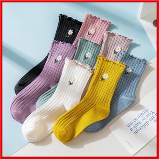 Tất Bèo cổ nhún hoa cúc Vintage Hàn Quốc chất len đẹp nhiều màu T008