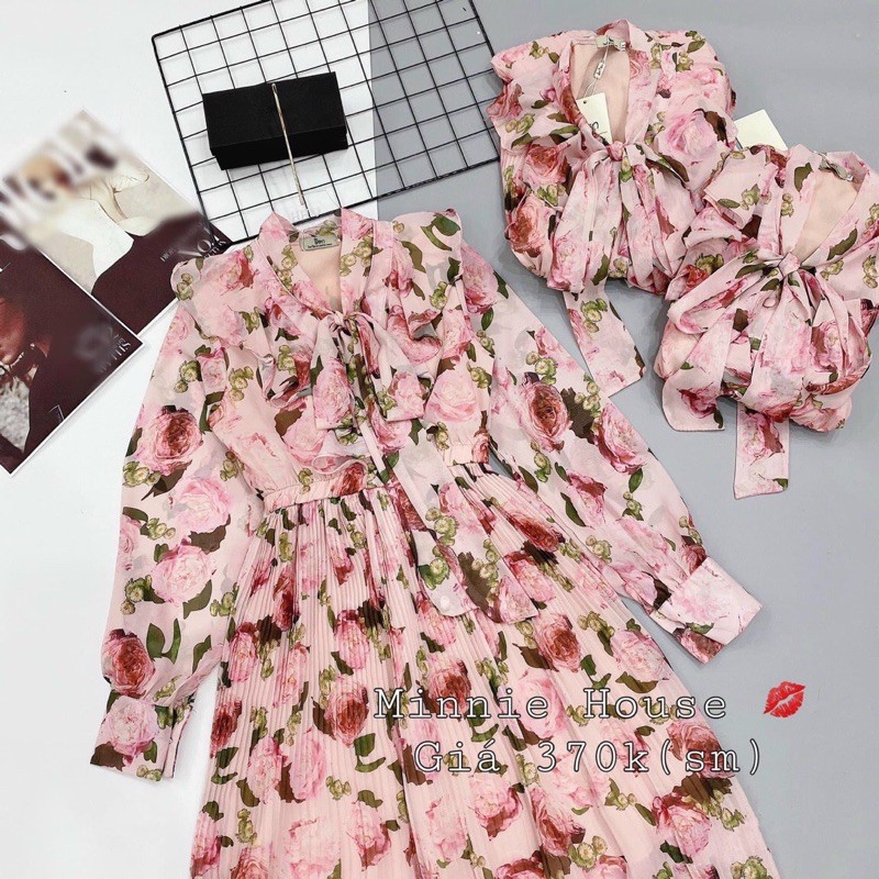 [Mã FATHANG5 giảm 10K đơn 50K] V047 Váy Dự Tiệc Dáng Dài pha Cổ Nơ , Đầm Hoạ Tiết Dài Tay , Chân Váy Dập Ly Cao Cấp | BigBuy360 - bigbuy360.vn