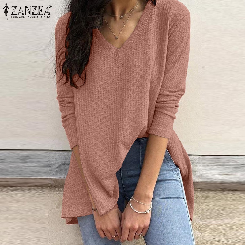 Áo kiểu ZANZEA dáng rộng cổ V dài tay thời trang vintage Châu Âu nữ tính