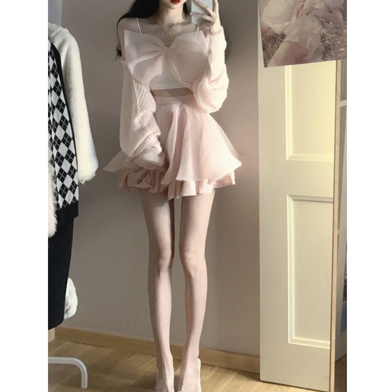Set Áo Lưới Đính Nơ + Áo Khoác + Áo Khoác Cardigan Thời Trang Nữ Tính