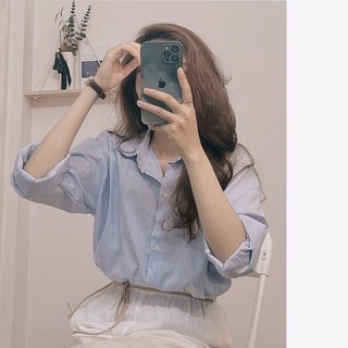 Áo sơ mi sọc xanh dáng basic