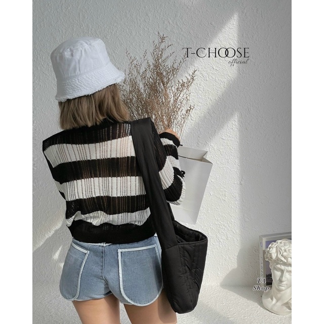 Xả hàng - Áo len mỏng lưới sợi kèm dây xích, Áo kiểu len dài tay kẻ ngang AL8821 - NhiNhi Shop