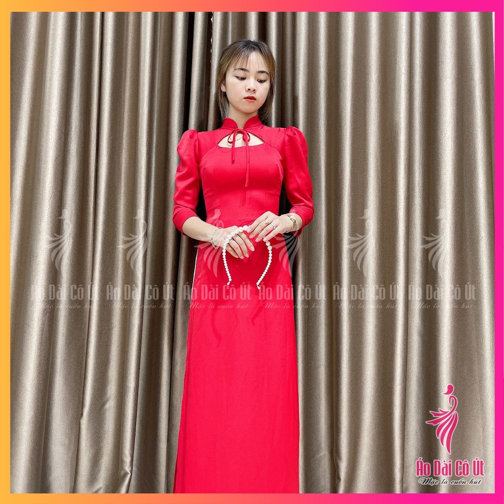 Áo Dài Truyền Thống Cổ Cột Nơ Lụa Tây Thi Tay Phồng Hàng May Sẵn