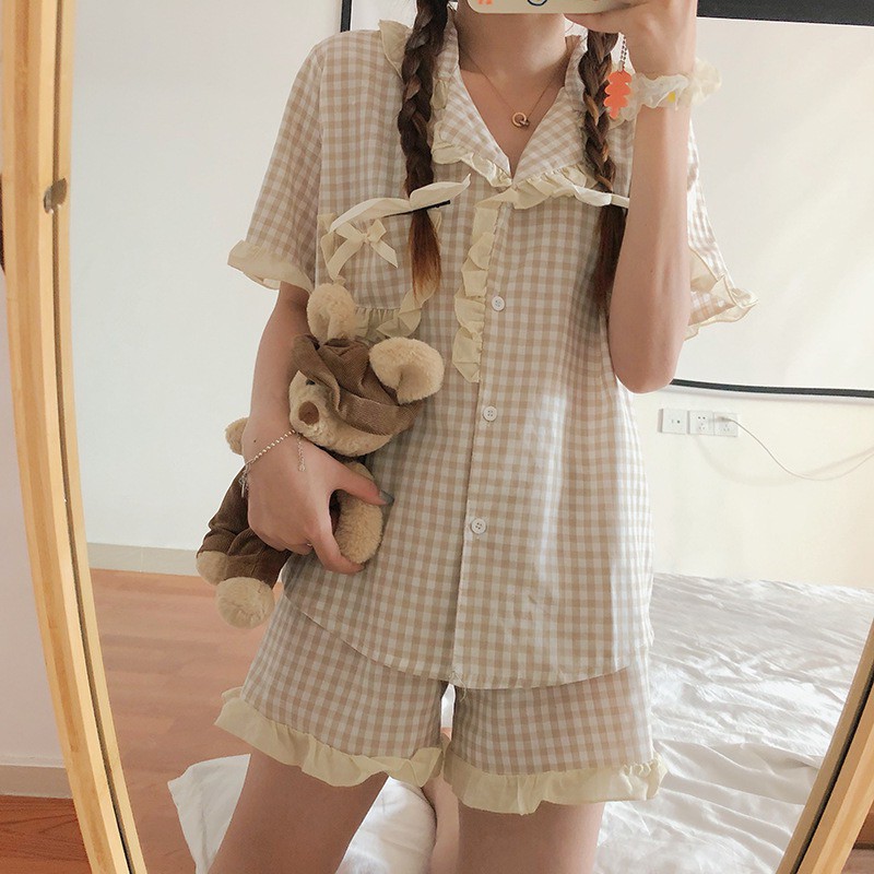 [CÓ SẴN] Đồ ngủ pijama kẻ caro bèo nhún cộc tay Hàn Quốc ullzang