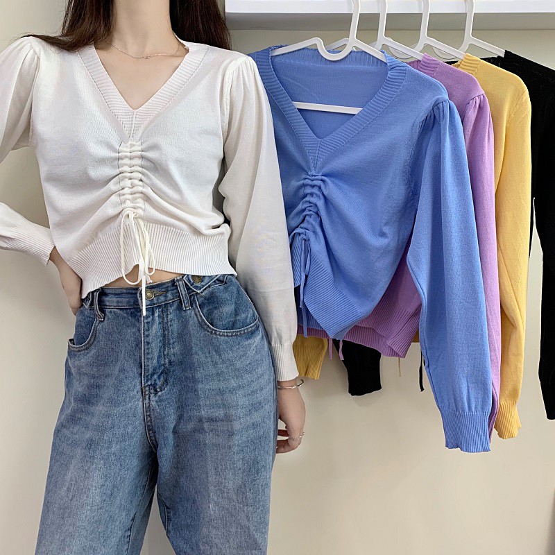 Áo nữ croptop FREESHIP đẹp tay dài cổ chữ V mã SP22 dây rút thời trang len hàn quốc cá tính