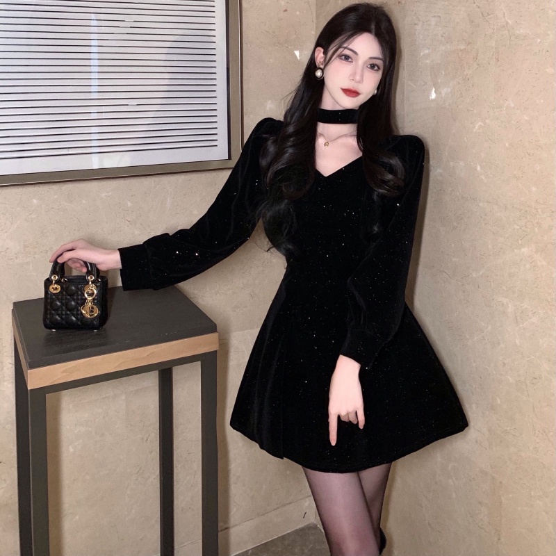 IELGY Đầm Nhung Chữ A Tay Dài Lưng Cao Lấp Lánh Thời Trang Giáng Sinh Cho Nữ