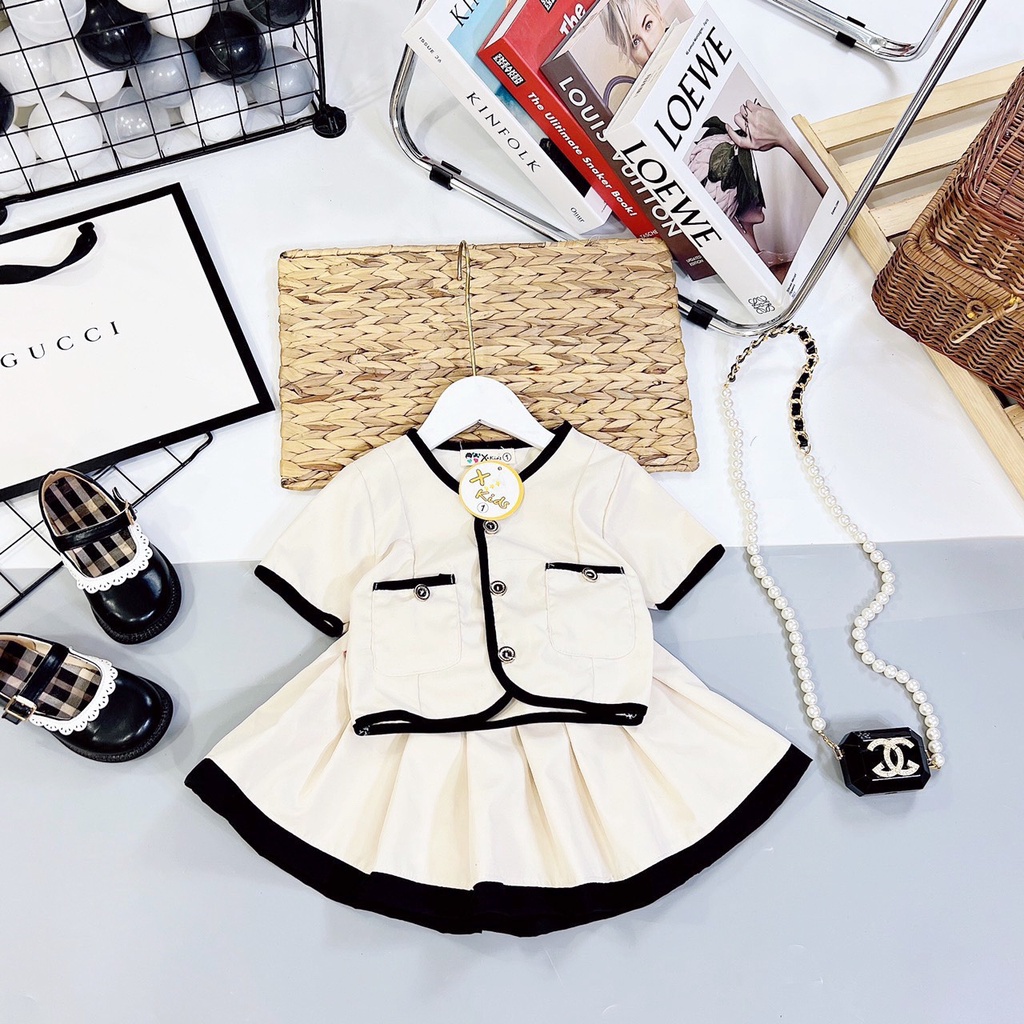 Set váy túi viền cv xếp ly xkid bé gái