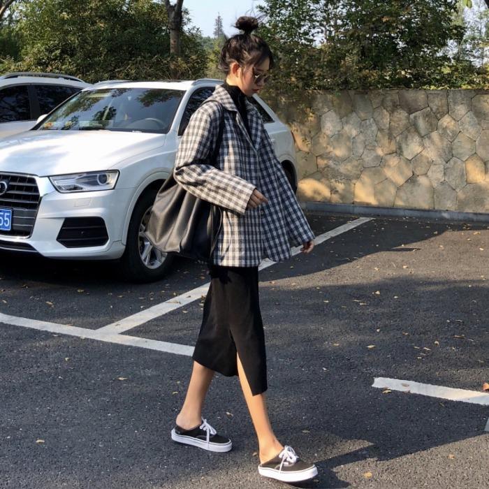 Áo Blazer New Korean Version Ins Mid-length Loose Fashion Retro Casual Plaid Suit Jacket Women