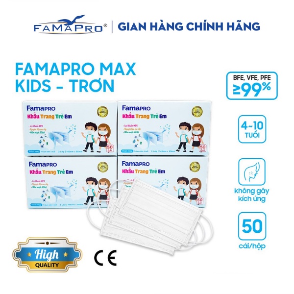 [HỘP-50 CÁI-QUAI THUN] COMBO 4 HỘP Khẩu trang y tế trẻ em kháng khuẩn 3 lớp Famapro max kid