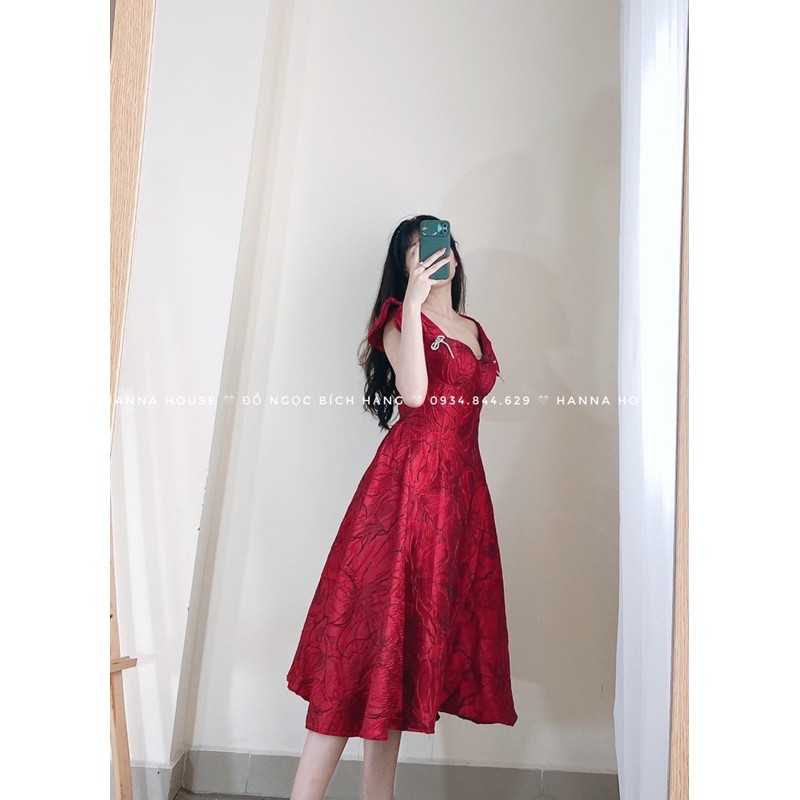 [VIDEO &amp; ẢNH THẬT]_Đầm Gấm Đỏ Xòe Phồng Công chúa đính nơ đá sang chảnh dự tiệc Freesize 50-60kg 1466