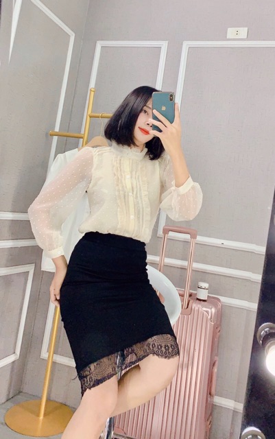 Sơ mi tiểu thu cổ cao tay dài freesize