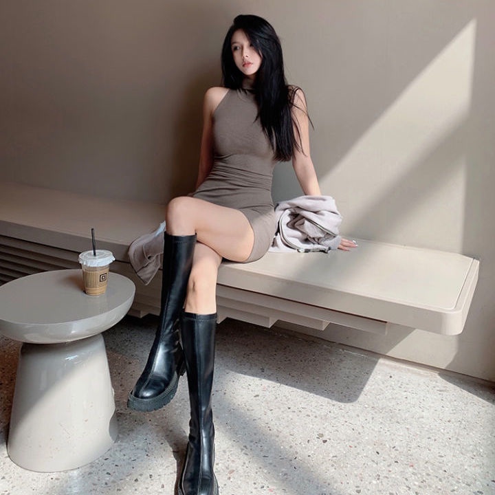 Đầm Body Ngắn Sexy Cổ Cao Màu Đen Không Tay Thời Trang Váy Tiểu Thư Phong Cách Hàn Quốc