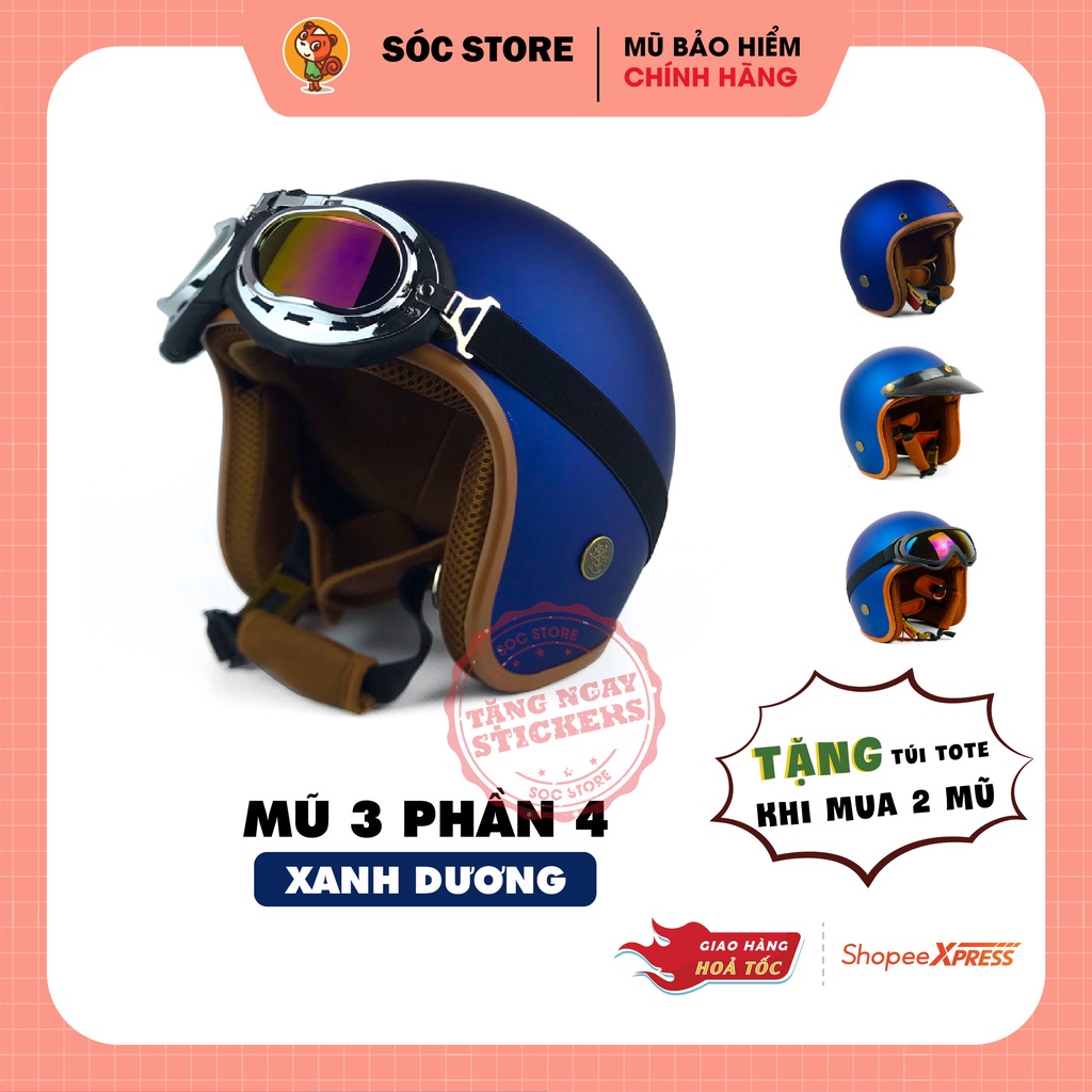 Mũ bảo hiểm 3 phần 4 chính hãng màu xanh dương Sóc Store, nón bảo hiểm 3 phần 4 nam nữ freesize