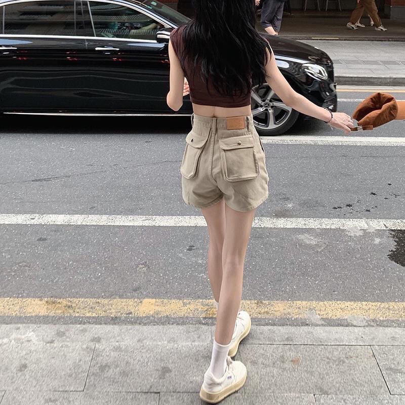 Quần Yếm Denim Kaki Ngắn Dáng Rộng Lưng Cao Thời Trang Mùa Hè Cho Nữ
