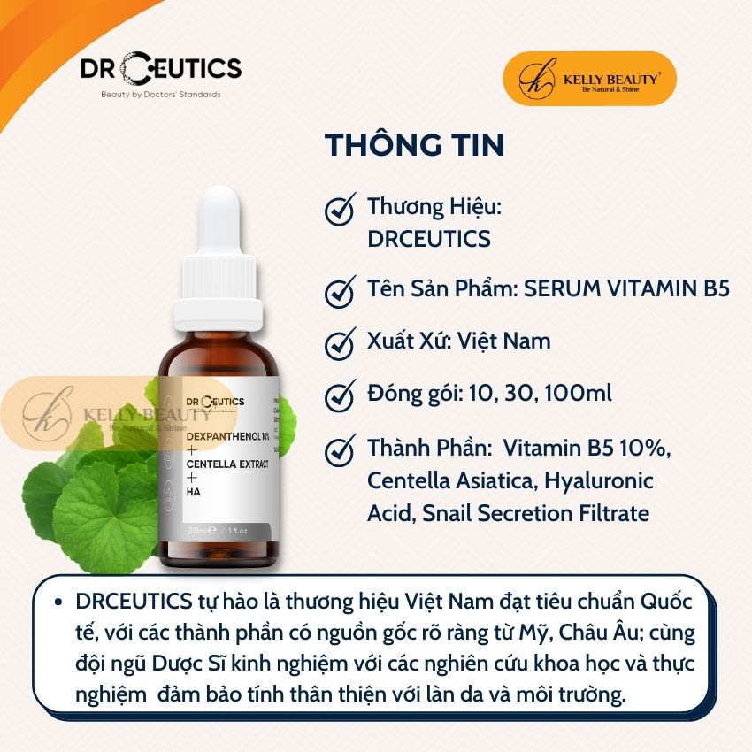 Serum Vitamin B5 DrCeutics 30ml - Cấp Ẩm và Phục Hồi Da - Dexpanthenol 10% + Centella Extract + HA | Kelly Beauty