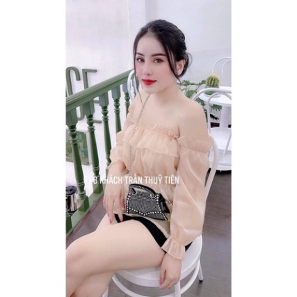 áo trễ vai tay bồng vải Tơ lụa 2 lớp, áo babydoll nữ bánh bèo dài tay nhún ngực 2 màu ullazang babydoll hot trend