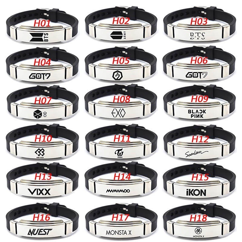 Vòng đeo tay silicon và mặt thép không gỉ khắc tên nhóm nhạc Kpop