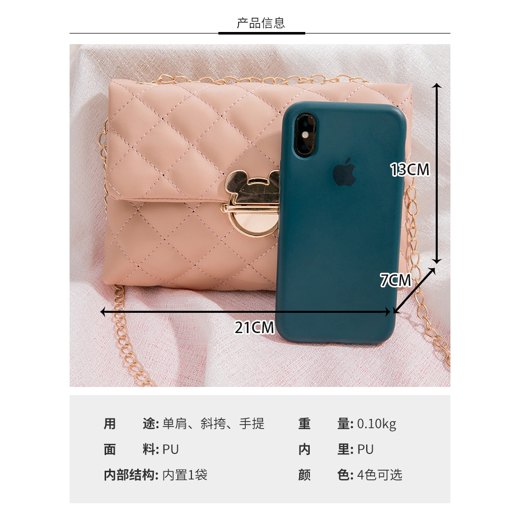 Túi Đeo Chéo Hình Vuông Nhỏ Có Khóa Hình Chuột Đính Đá Phối Dây Xích Đeo Một Bên Vai Đơn Giản Phong Cách Hàn Quốc Cho Nữ