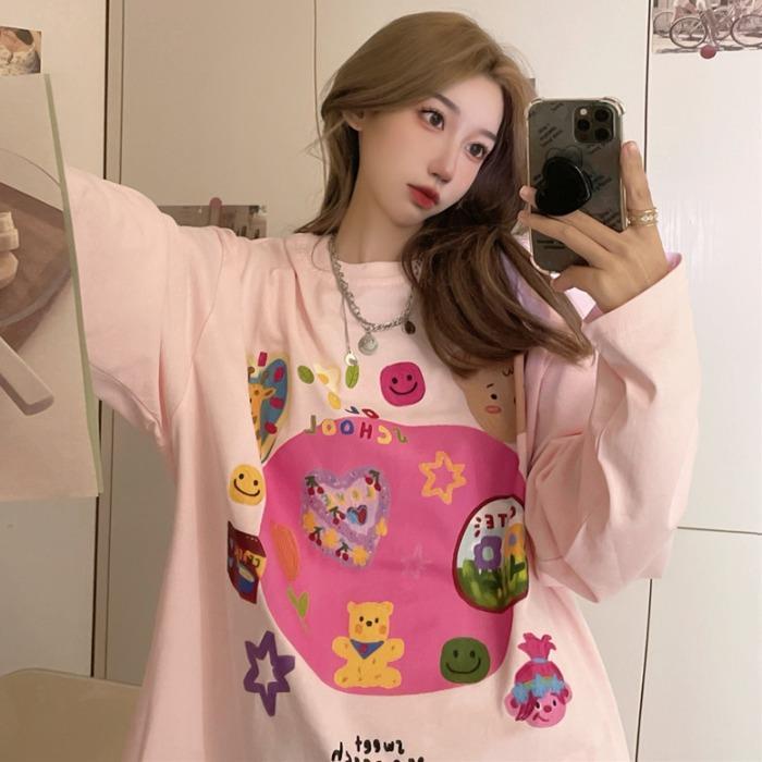 Jiashucheng Áo Thun Cotton Nguyên Chất Tay Dài Dáng Rộng In Họa Tiết Hoạt Hình Thời Trang Mùa Thu 2023