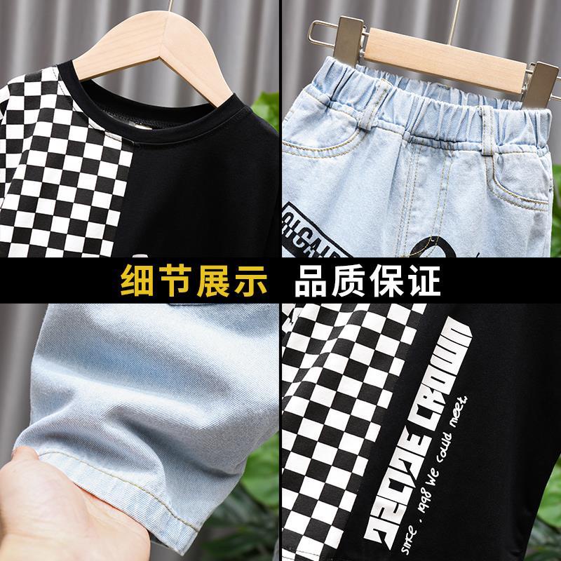Set Áo Sơ Mi Tay Ngắn Kẻ Sọc Caro + Quần Short Denim Năng Động Thời Trang Hè Cho Bé Trai