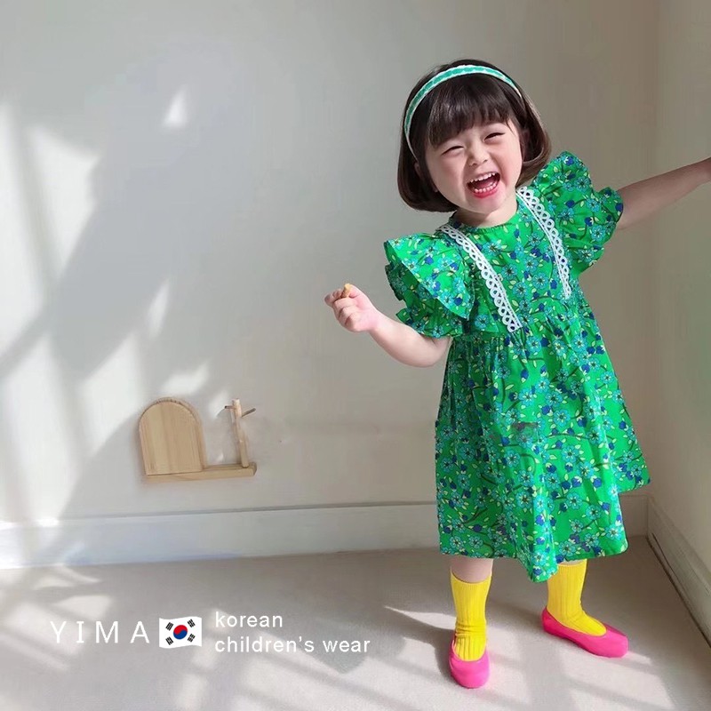 Đầm Hoa Tay Phồng Cổ Tròn Kiểu Hàn Quốc Cho Bé Gái