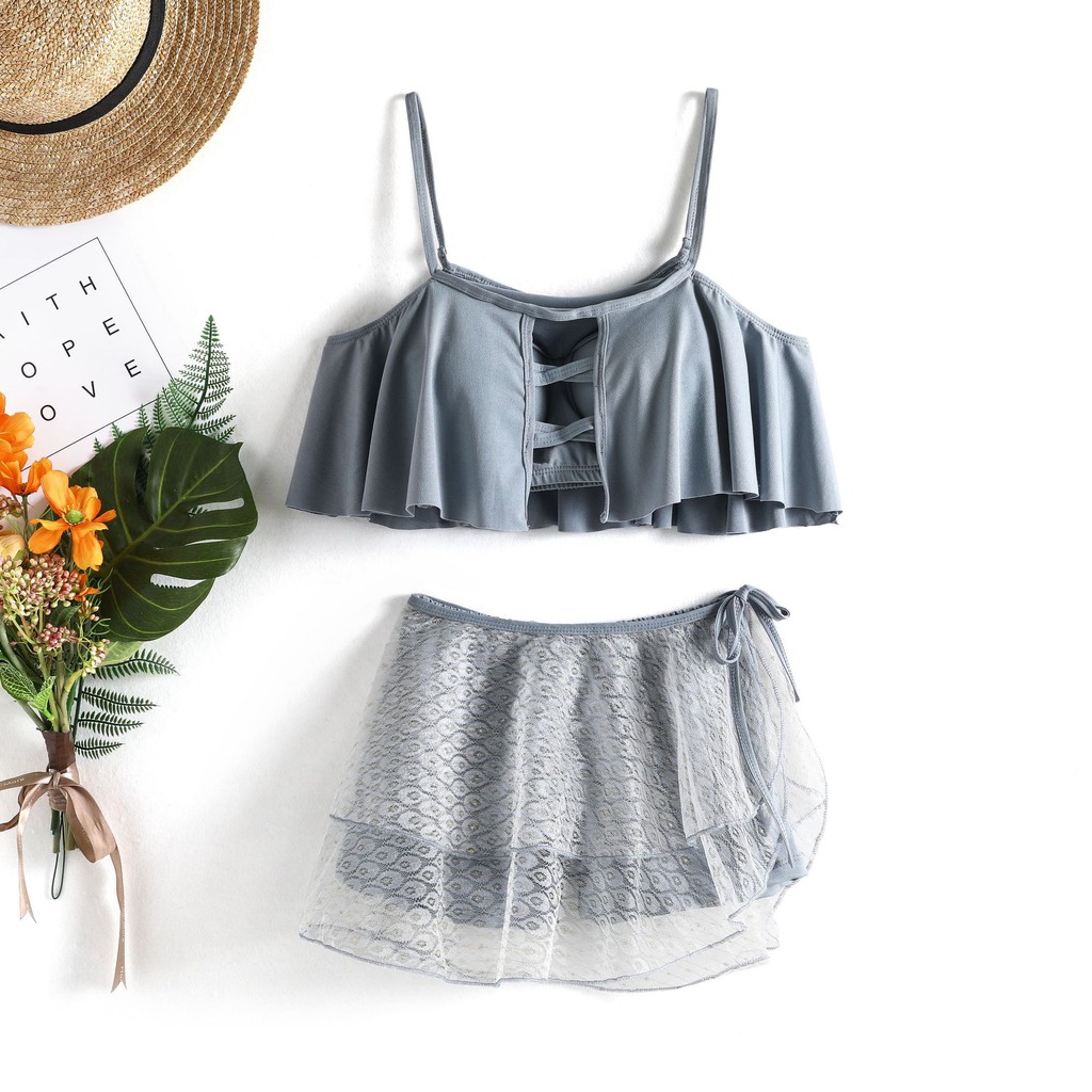 Bộ Đồ Bơi Ba Mảnh Phối Ren Thời Trang Dành Cho Nữ 2021