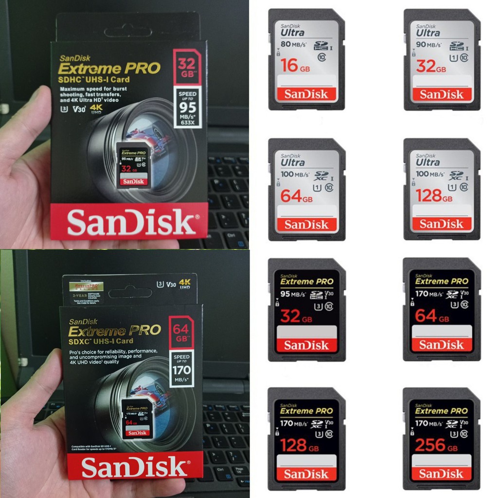 Thẻ nhớ SD Sandisk 32GB 64GB Ultra Class 10 và Extreme Pro tốc độ cao cho máy ảnh