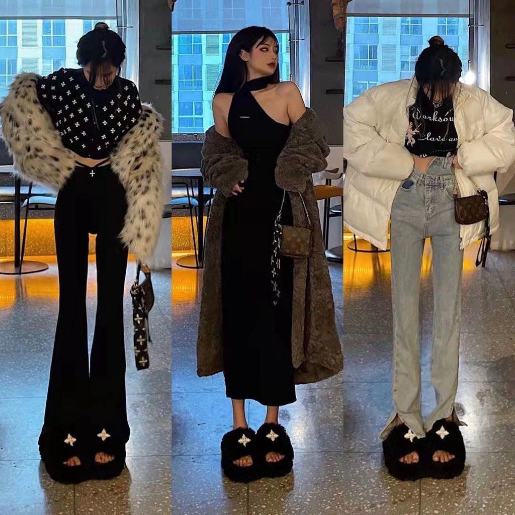 Dép Bông Quai Chéo Màu Đen Đế Phẳng Dày Thoải Mái Thời Trang Mới 2022 Cho Nữ