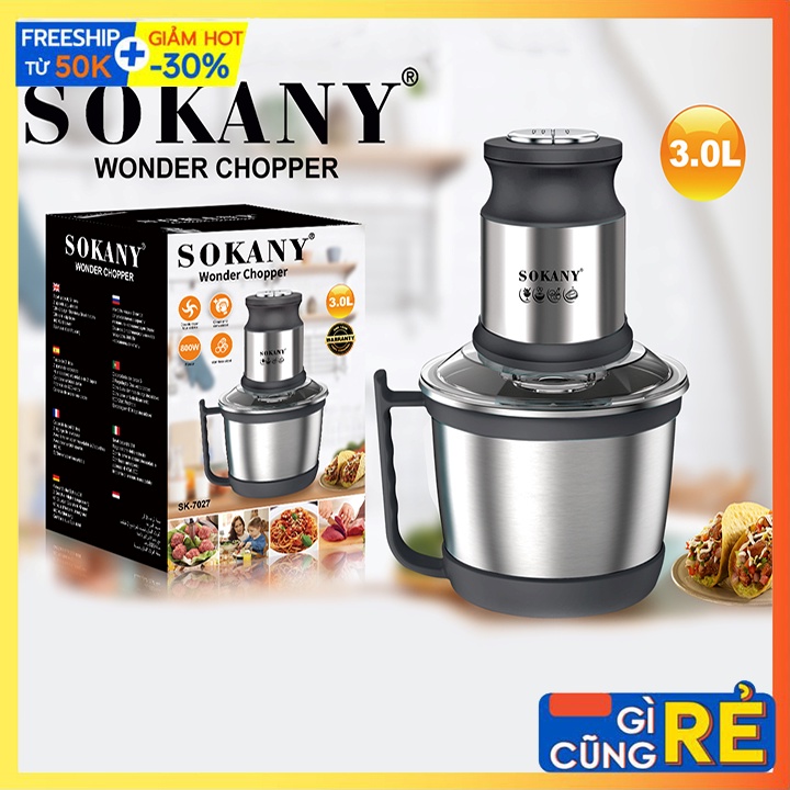 Máy Xay Thịt, Tỏi Ớt Đa Năng SOKANY 3L Chất Liệu Inox Công suất lớn 800W