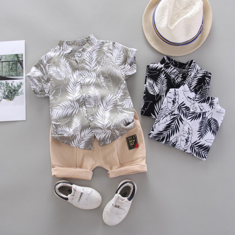 Set Đồ Đi Biển 2 Món Gồm Áo Thun Tay Cộc In Họa Tiết Lá + Quần Ngắn Phong Cách Hàn Quốc Cho Bé Trai