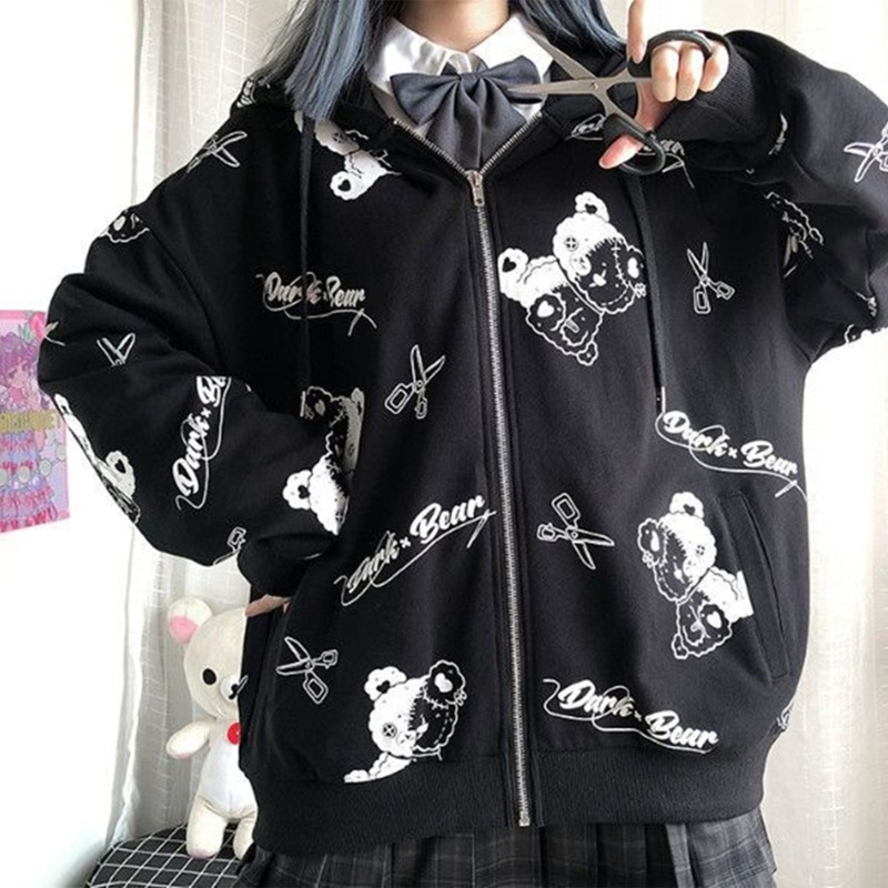 Brroa Áo Khoác Tay Dài Có Khóa Kéo In Hình Gấu Hoạt Hình Phong Cách Gothic Punk Harajuku Mùa Thu Cho Nữ