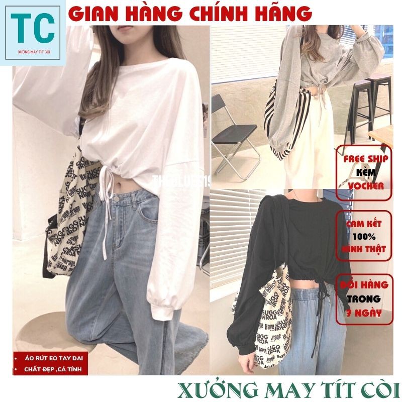 Áo Croptop Chốt Eo Chun Rút Dây Dáng Rộng- Áo Crt Tay Dài Unisex Nam Nữ Uzzlang (có quà tặng) - Tjt Còi 1