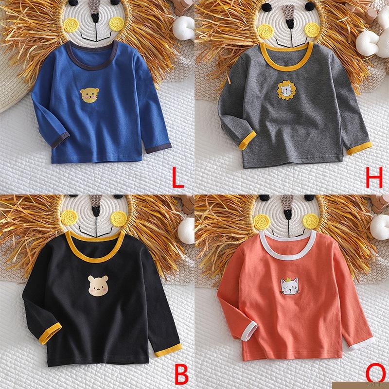 Áo thun cotton tay dài cổ tròn in hình gấu hoạt hình cơ bản dành cho trẻ em 0-5 tuổi