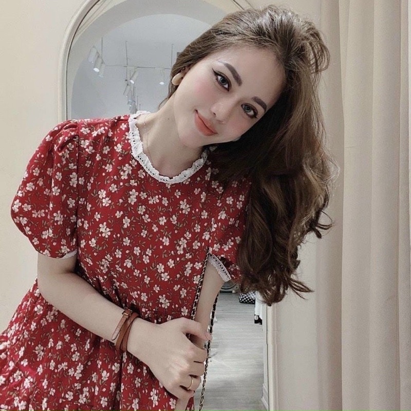 Váy bầu, đầm bầu hoa nhí TK đẹp cổ ren, dáng suông xinh xắn V58