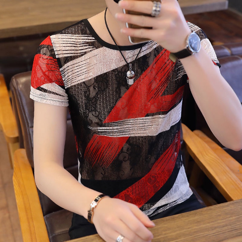 Áo Thun Ngắn Tay Vải Lụa Mát Phối Lưới Thời Trang Xu Hướng Cho Nam