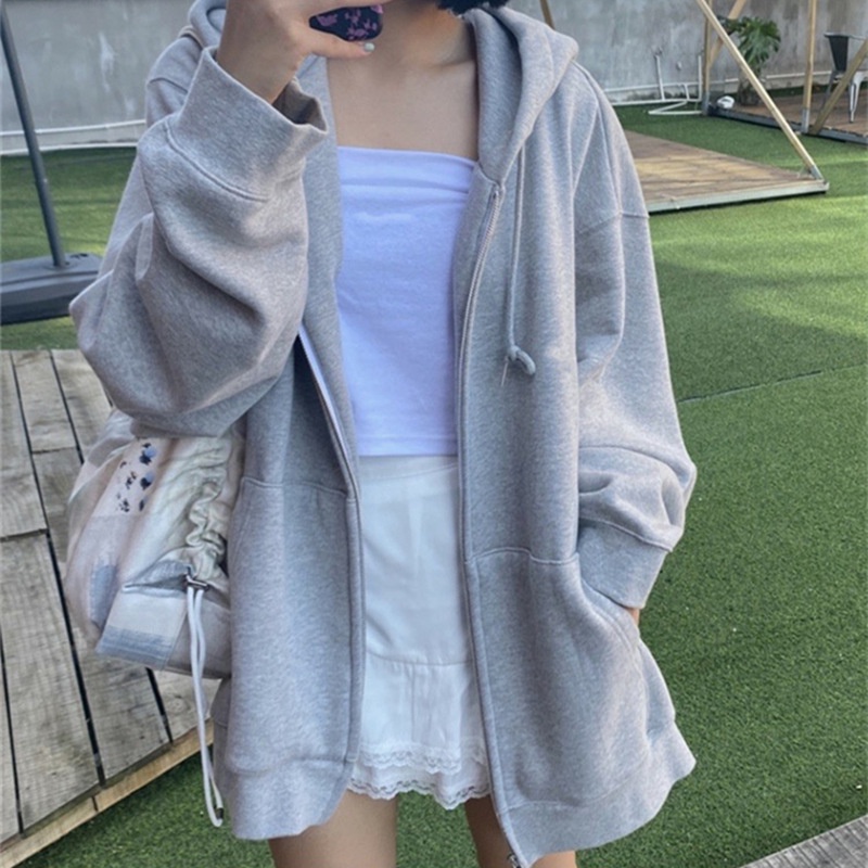 Áo Hoodie Dáng Rộng Phối Khóa Kéo Phong Cách Thể Thao Cho Nữ Có Size Lớn