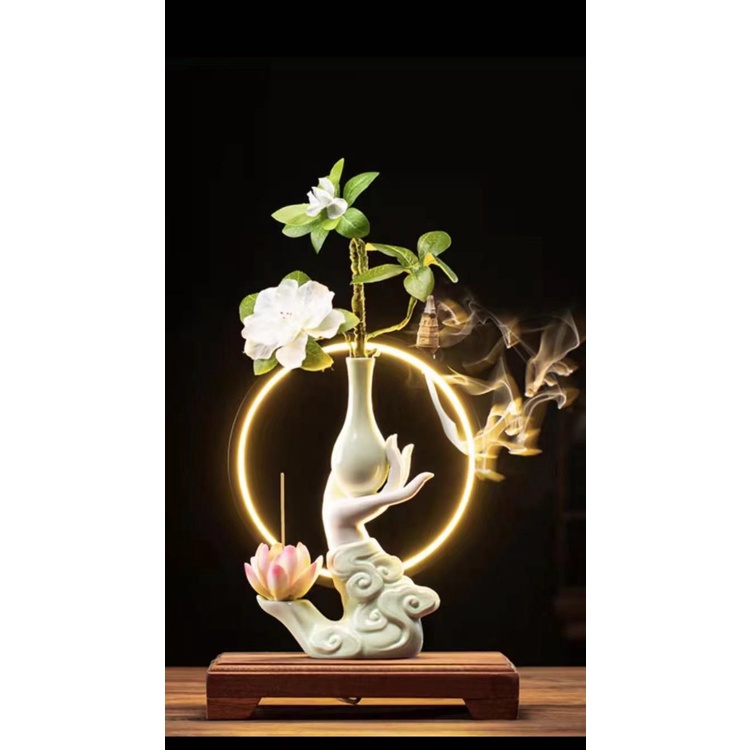 Thác khói trầm hương đèn led phật thủ liên hoa - Phật Bạch Ngọc Sứ