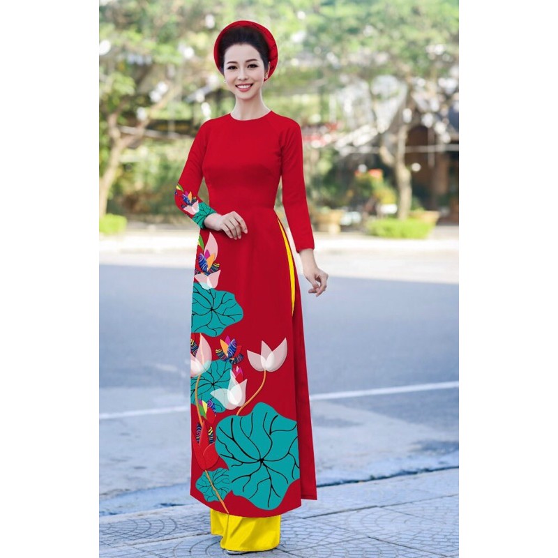 Áo dài cách tân in hoa sen + quần lụa cao cấp - Size M/L/XL