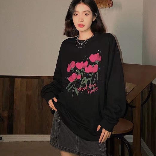 Áo len ZHELIHANGFEI cổ tròn họa tiết hoa graffiti dễ phối đồ tùy chọn màu sắc