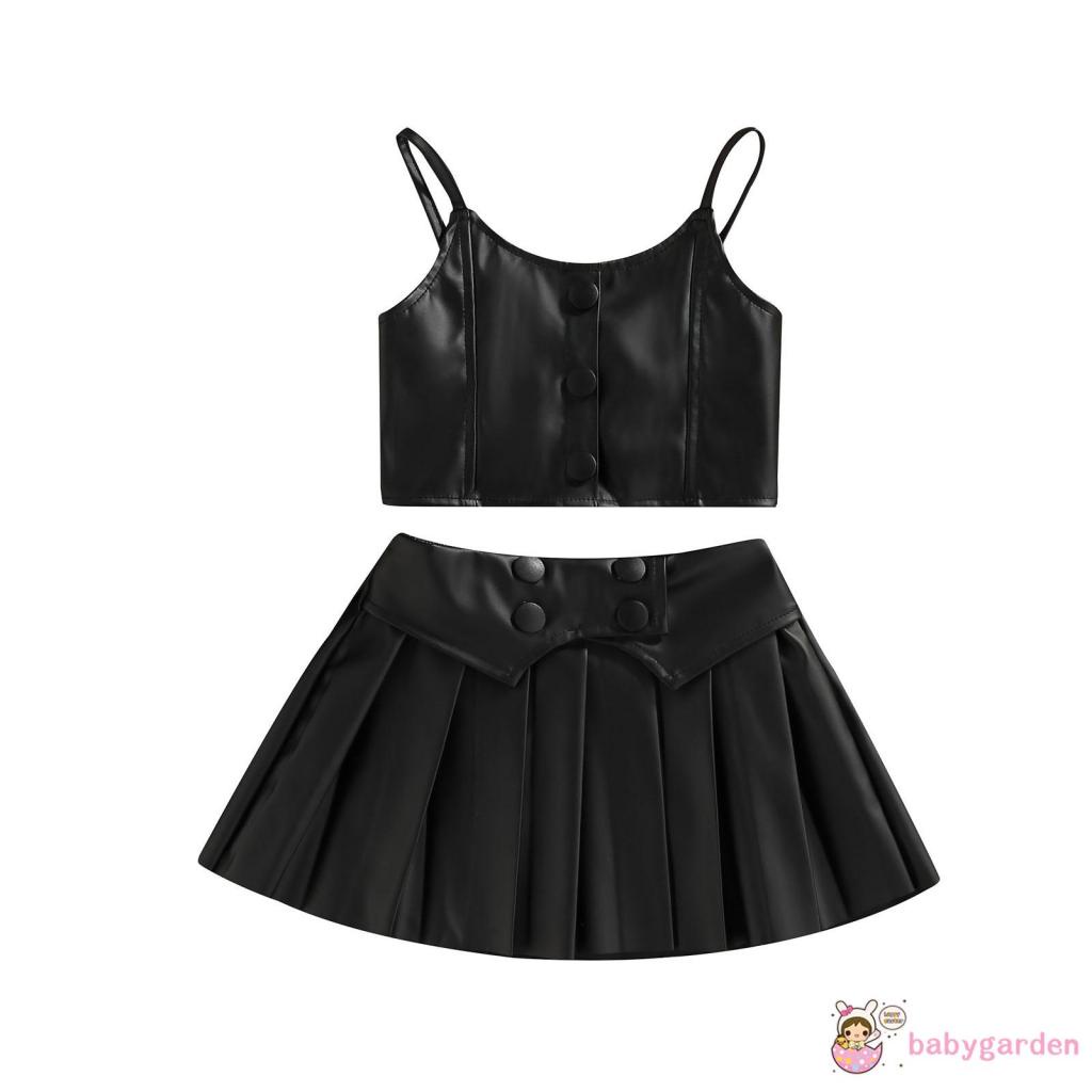 BABYGARDEN-1-6years Baby Girls Casual Suit, Solid Color Sleeveless Sling Tops+Button Pleated Short Skirt, Black